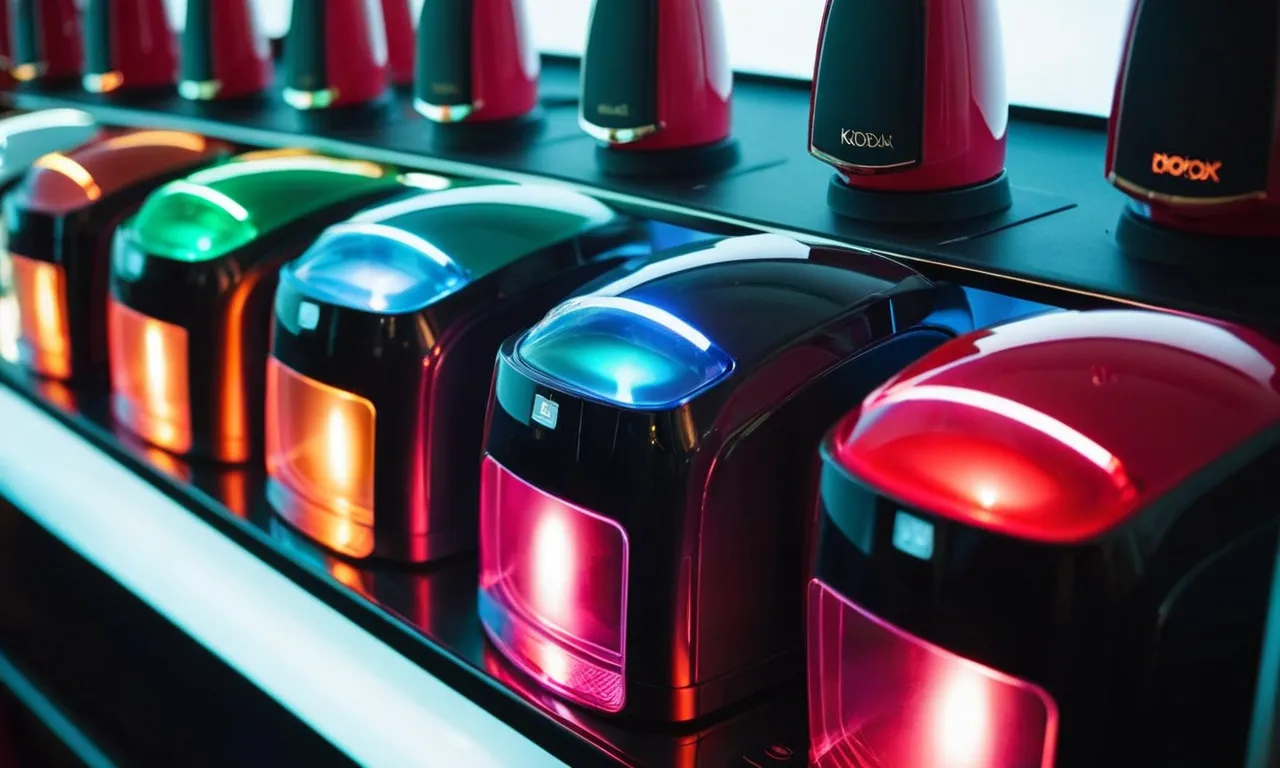 A close-up shot capturing the sleek design of a gel nail polish dryer machine, its vibrant LED lights illuminating the perfectly manicured nails with a glossy finish.