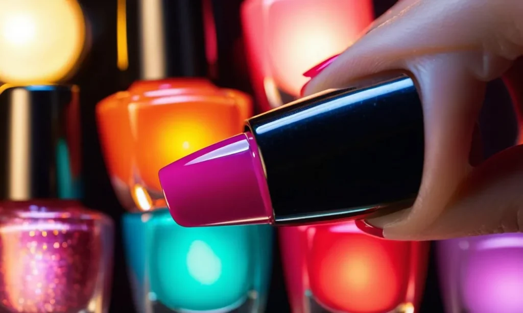 A close-up image capturing the vibrant colors of gel nail polish under the glow of an LED light, showcasing its glossy finish and professional application.