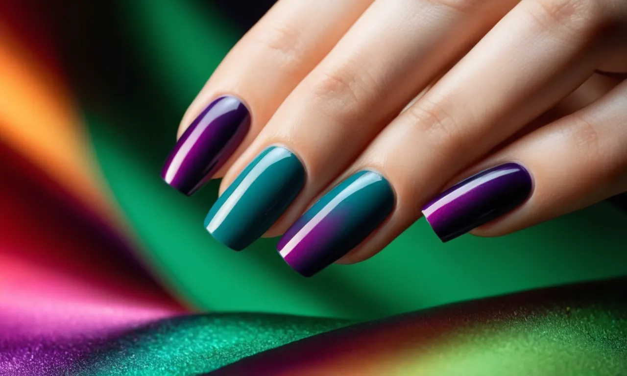 A close-up shot of a hand showcasing perfectly manicured nails in vibrant colors, created using gel nail polish without the need for a UV light.