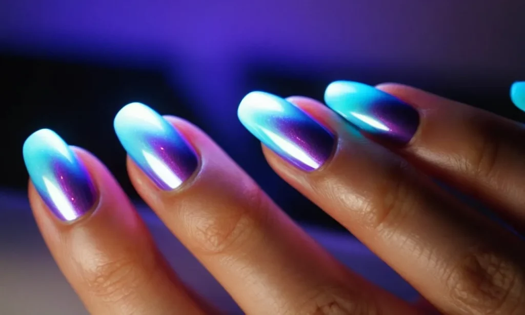 A close-up shot capturing the UV lamp's glowing purple light, illuminating perfectly manicured nails adorned with vibrant gel nail polish, creating a mesmerizing and flawless glossy finish.