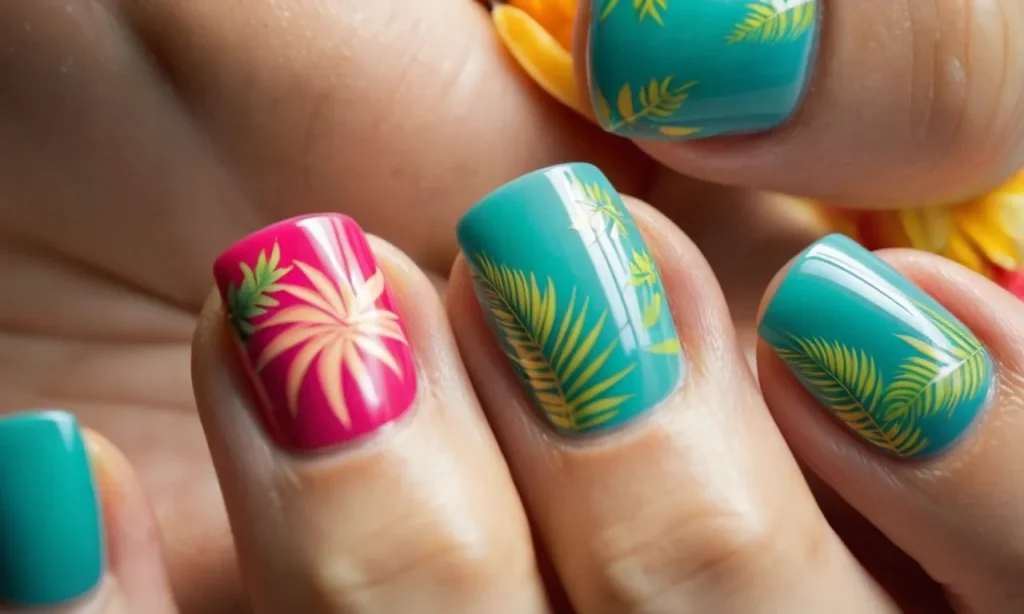A close-up shot capturing vibrant gel toe nail designs for summer, showcasing an array of colorful patterns, tropical motifs, and sparkling accents, evoking a sense of fun and relaxation.