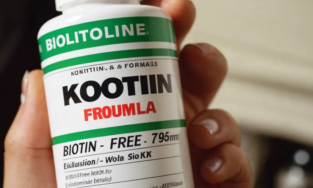 A close-up photo showcasing a bottle of "Hair, Skin, and Nails Vitamins" prominently, with a label reading "Biotin-Free Formula" highlighted, emphasizing its exclusion of biotin for those with dietary restrictions.