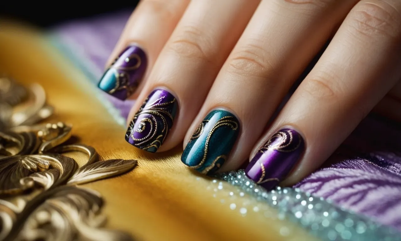 A close-up of a hand showcases intricate and colorful nail art designs, with delicate brush strokes and exquisite detailing, creating a masterpiece on each fingernail.