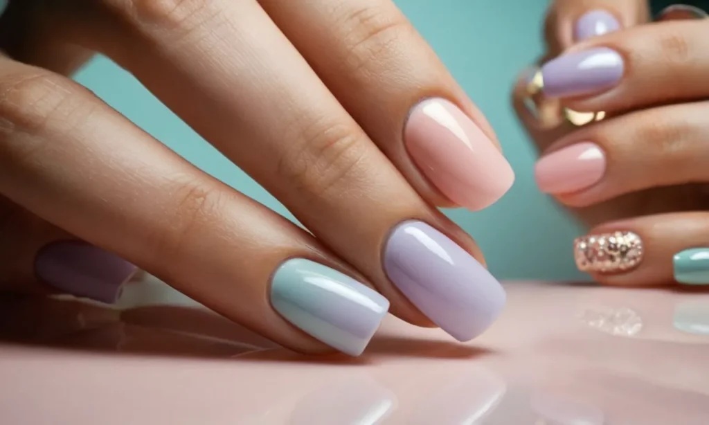 A close-up shot showcasing a hand with two fingers, one flaunting a trendy, glossy hard gel manicure, while the other portrays a delicate, pastel-colored soft gel nail art design.