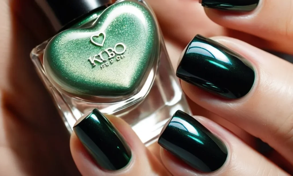 A close-up photo displaying perfectly manicured nails with a glossy heart-shaped top coat nail polish, adding a touch of elegance and charm to the overall look.