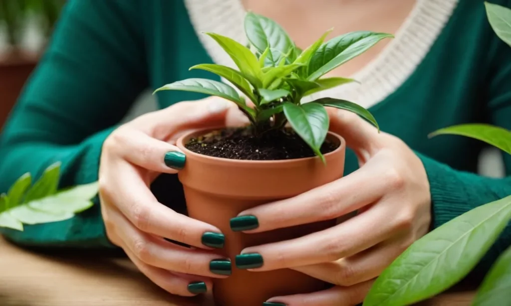 Close-up photo of a woman's hands gracefully holding a potted plant, showcasing her long, healthy nails. The vibrant green leaves mirror the growth and strength she desires for her own nails.