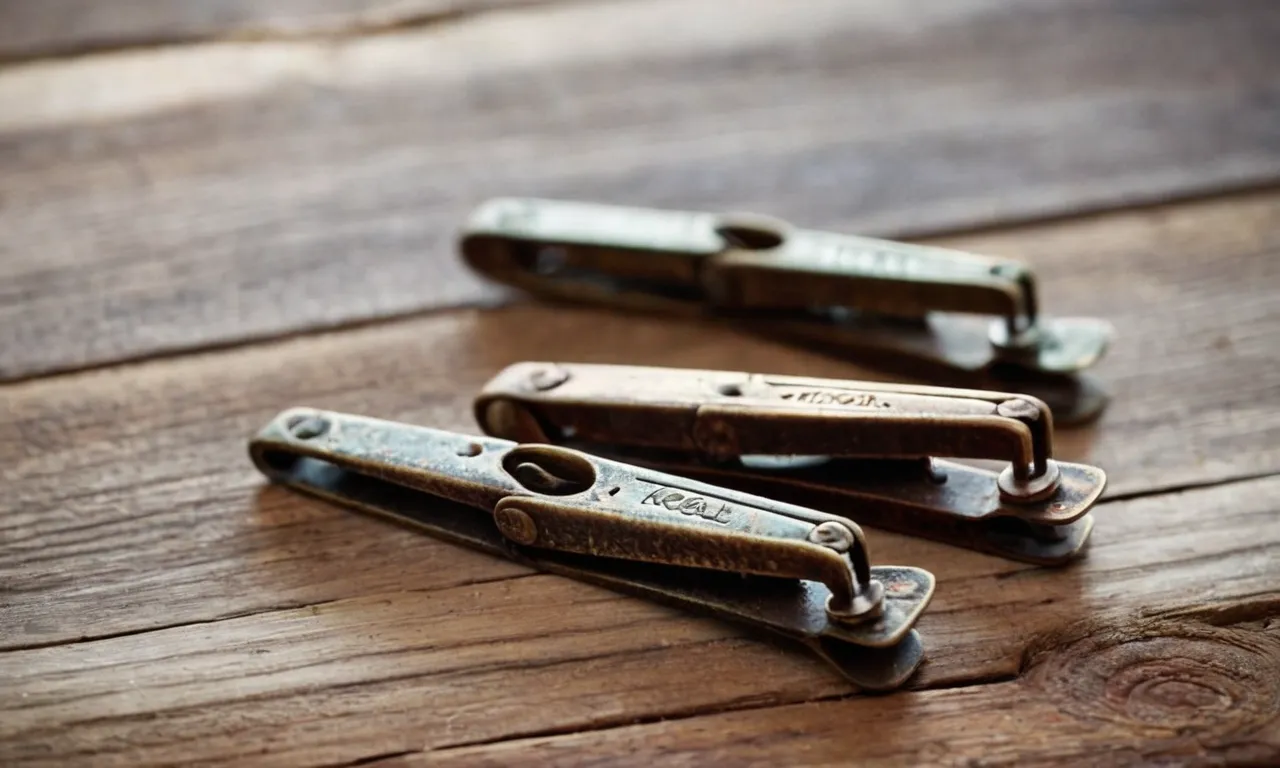 A close-up photo showcasing a set of ancient bronze nail clippers, worn and rusted, lying on a weathered wooden table, evoking curiosity about the methods used for nail care in the past.