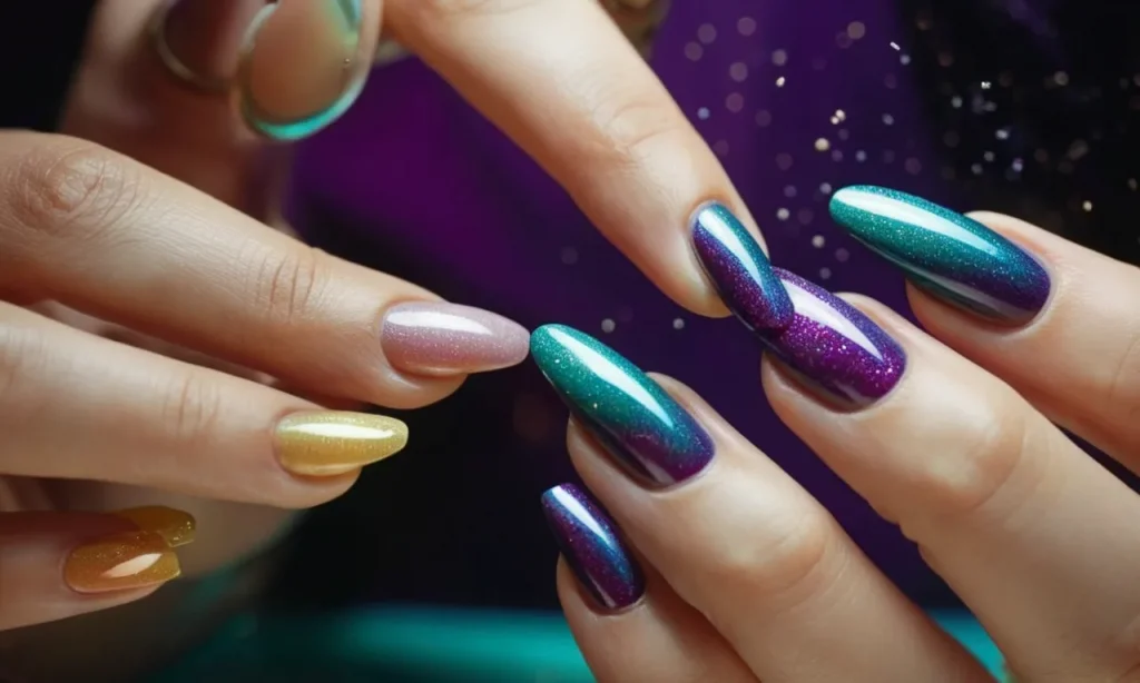 Close-up shot of a skilled nail technician gently filing off acrylic nails, revealing the natural nails underneath, as colorful nail dust dances in the air.