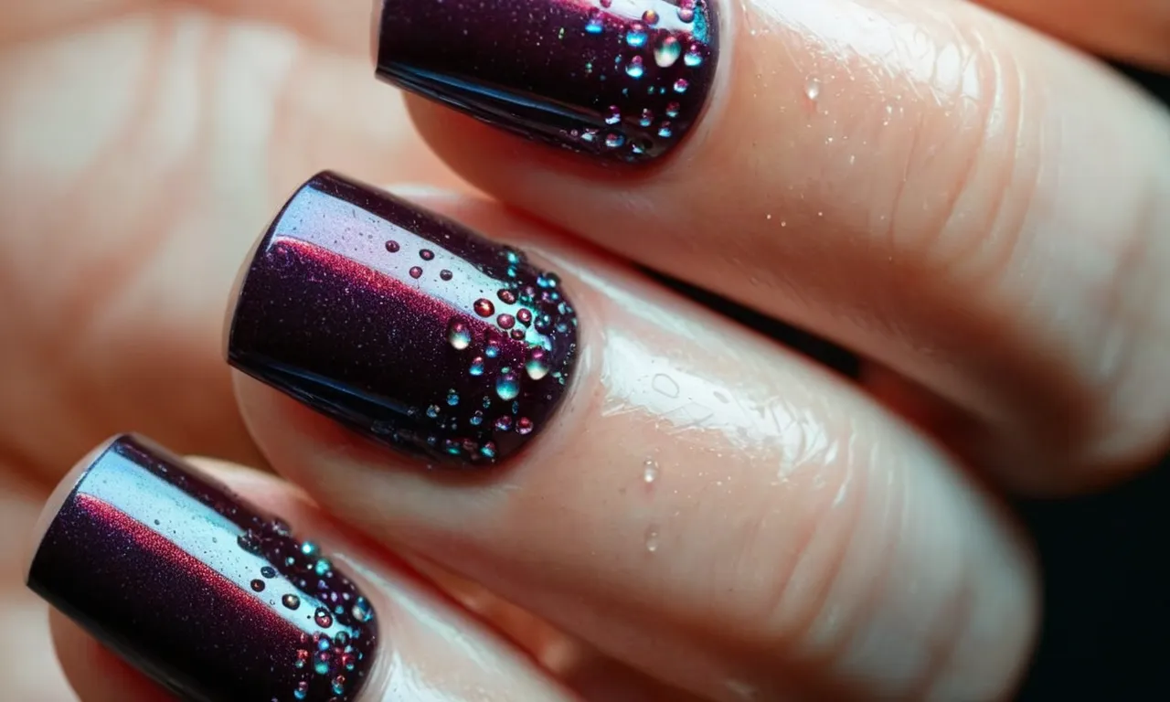 A close-up shot of freshly manicured nails, glistening with vibrant nail polish, as droplets of water from a showerhead gently cascade over them.