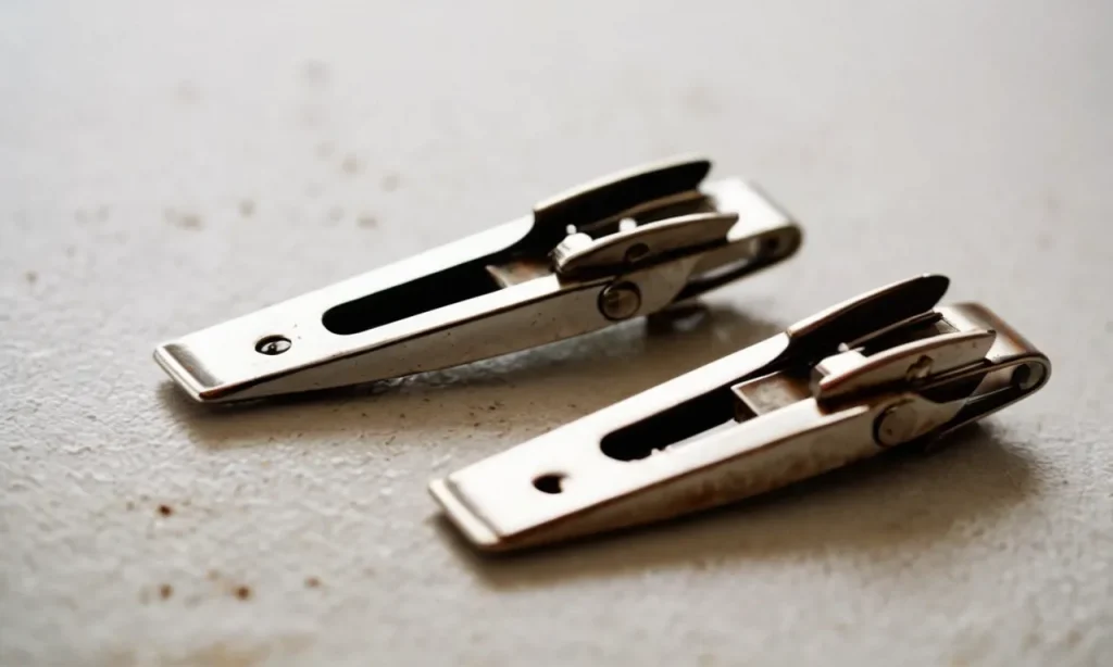 A close-up photo of a pair of nail clippers lying on a white surface, capturing the sharp blades and delicate rust spots, alluding to the question of HIV survival.