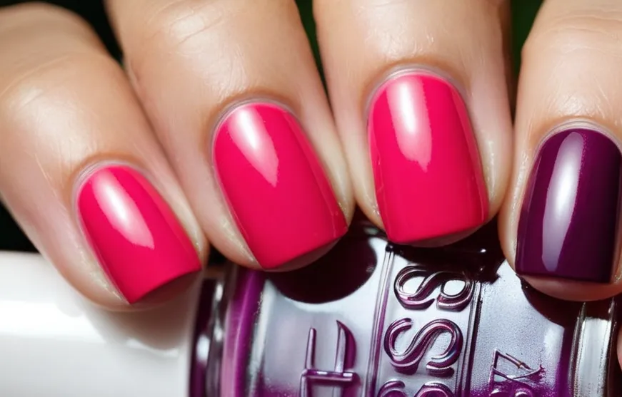 A close-up shot of a hand with perfectly manicured nails showcasing the vibrant shade of Essie nail polish. The smooth, glossy finish suggests long-lasting wear and durability.