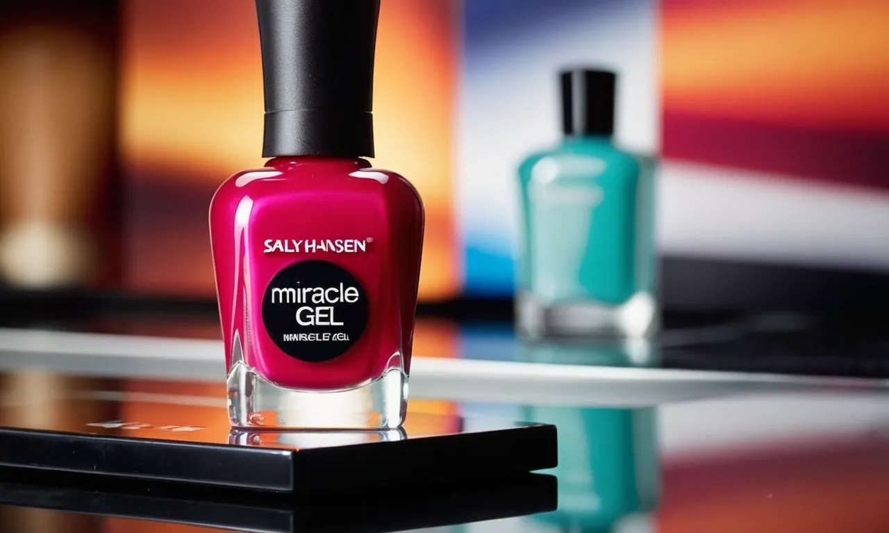 A close-up photo capturing the vibrant Sally Hansen Miracle Gel nail polish bottle standing atop a timer, emphasizing the element of time in the drying process.