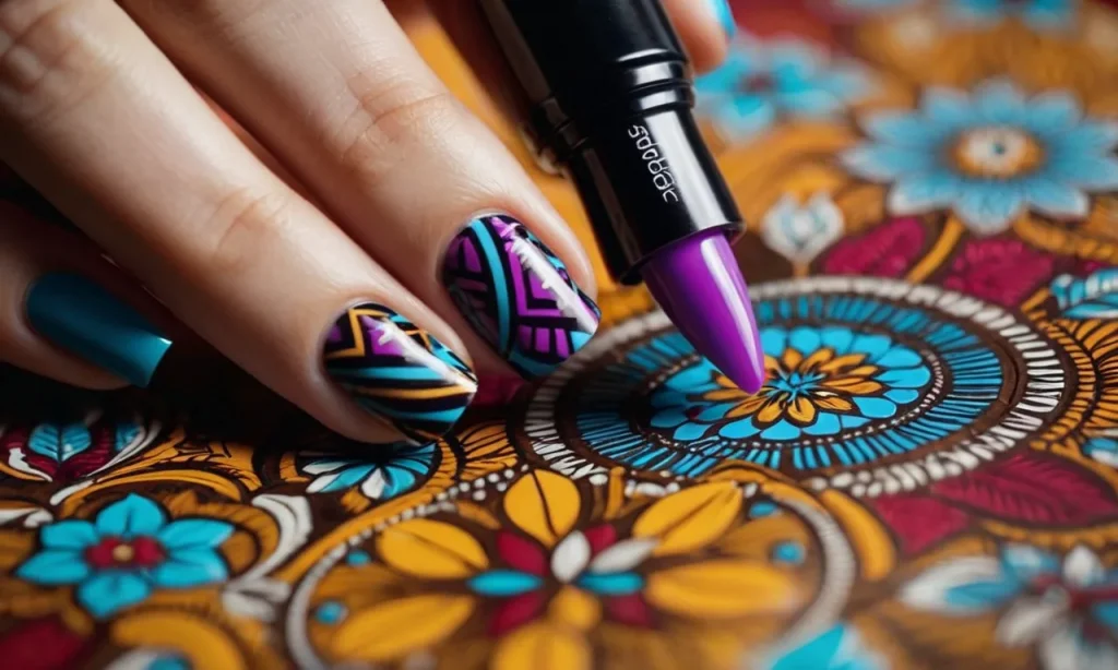 A close-up shot of a hand with vibrant, intricately designed nails showcasing the durability of Sharpie artistry, capturing the lasting beauty and precision of the marker's pigmentation.
