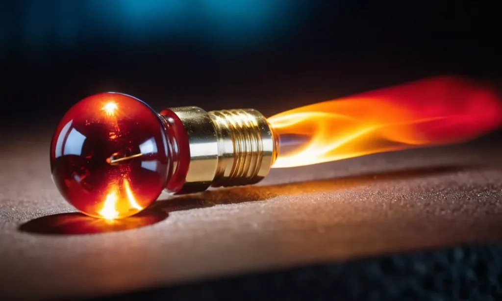 A close-up image capturing the vibrant glow emanating from a red-hot glass nail, as it is being heated to the perfect temperature for a dab, creating an atmosphere of anticipation and intensity.