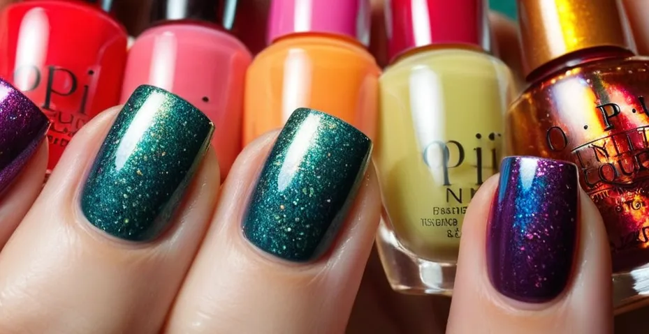 A close-up photograph showcasing a row of meticulously painted nails, each adorned with multiple coats of OPI nail polish, displaying a vibrant spectrum of colors and finishes.