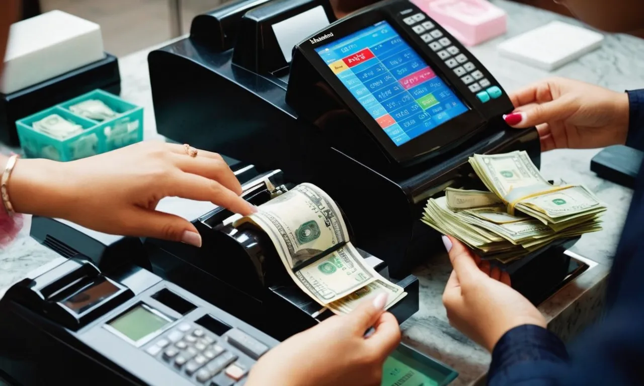A close-up photo capturing a cash register overflowing with money, surrounded by a bustling Asian nail salon filled with customers and manicurists diligently working, symbolizing the financial success of Asian nail salons.