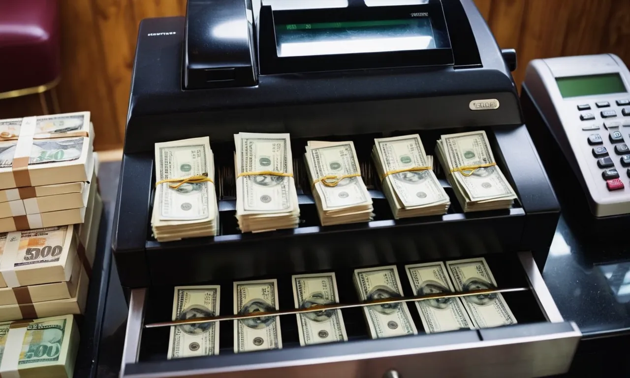 A close-up photo of a busy nail salon's cash register, overflowing with cash, showcasing the financial success and profitability of the nail salon business.