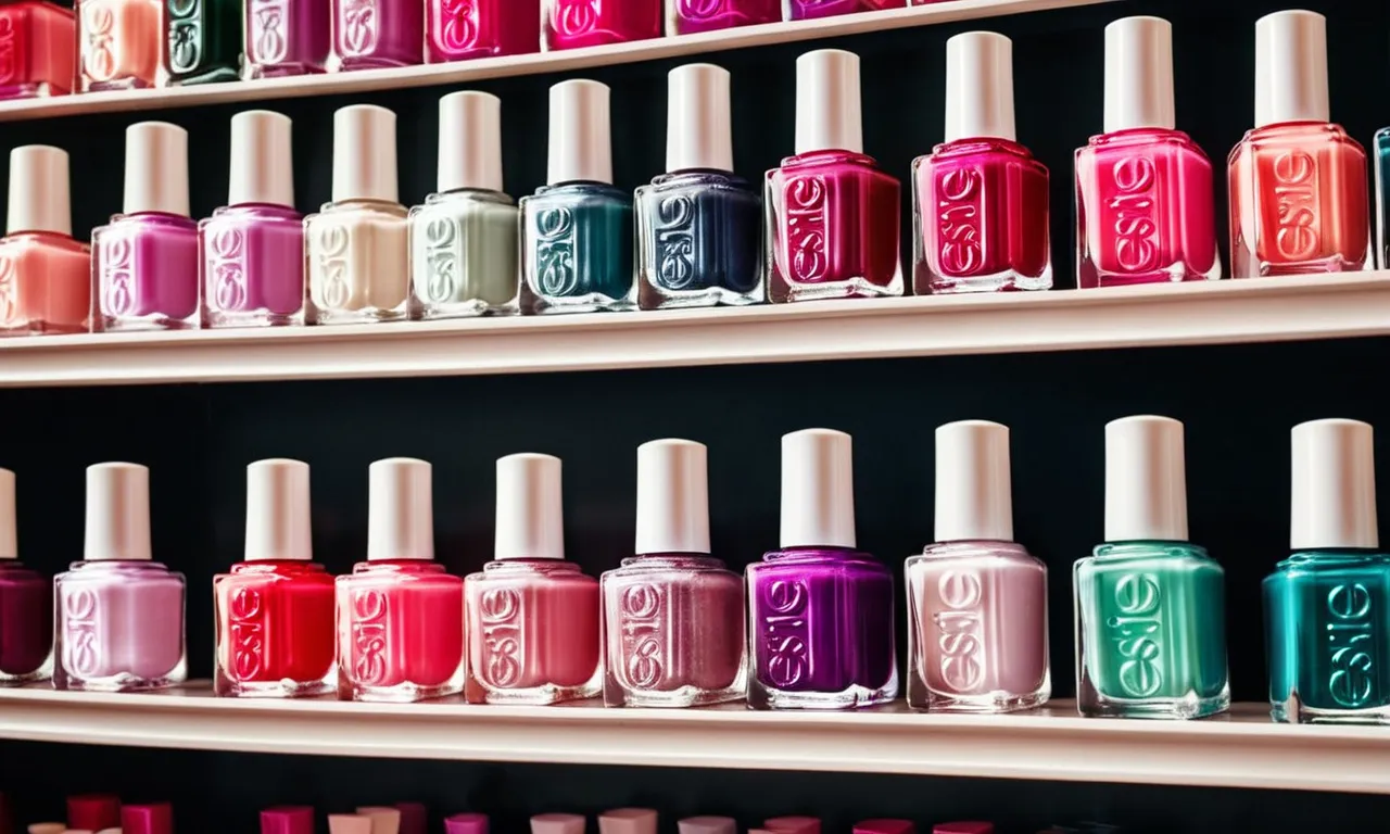 A close-up shot capturing a row of Essie nail polish bottles neatly arranged on a shelf, showcasing their vibrant colors and reflecting the price tags underneath.