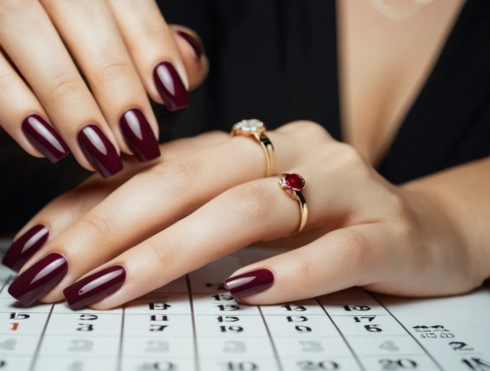 A close-up shot of a woman's hands, showcasing her perfectly done gel nails, with a calendar in the background, highlighting the frequency of nail salon appointments.