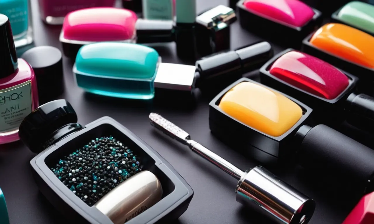 A close-up shot of a vibrant display of professional nail products, showcasing an array of colors, textures, and tools, symbolizing the accessibility and availability of these items without requiring a license.