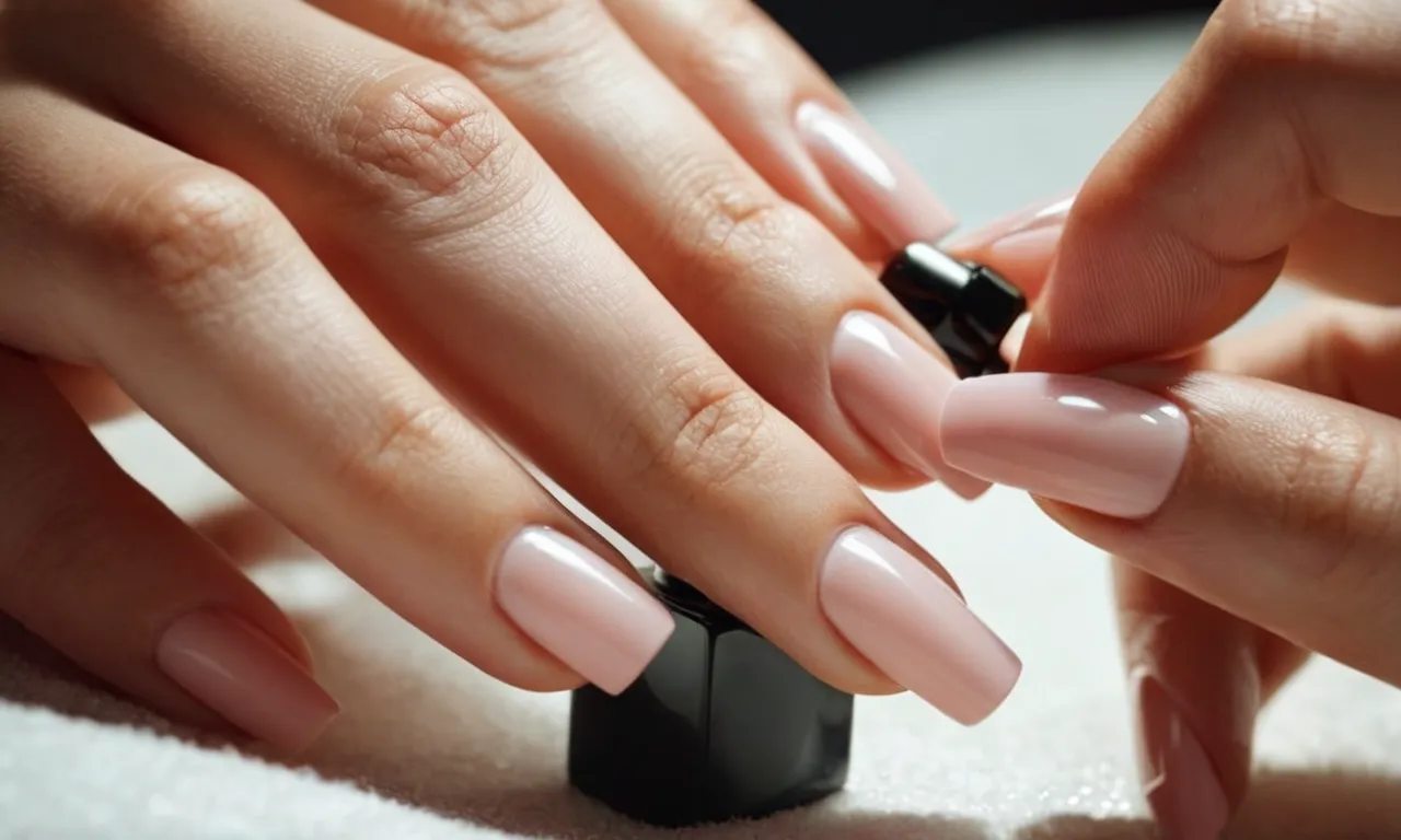 A close-up photo capturing a woman's hands gently applying cuticle oil to her perfectly manicured gel nails, showcasing the importance of hydration and maintenance for long-lasting, healthy-looking nails.