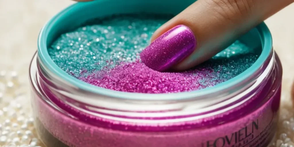 A close-up shot capturing a pair of hands delicately submerging perfectly manicured nails into a vibrant bowl of nail dip powder, showcasing the step-by-step process of dipping nails at home.