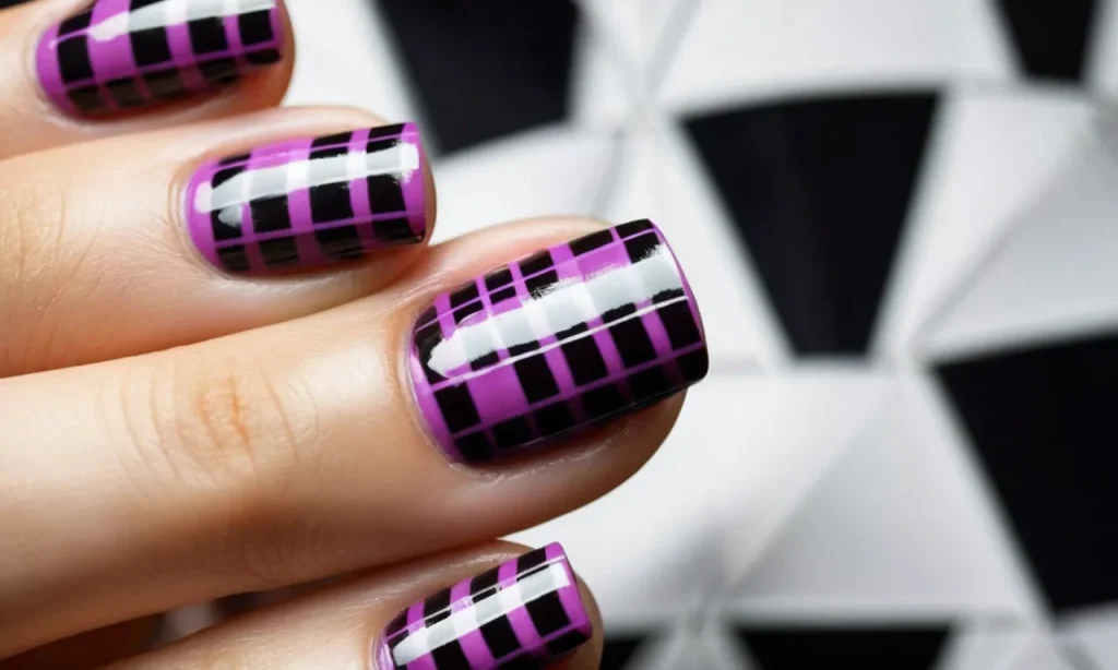 A close-up photo capturing perfectly manicured nails adorned with a chic checkered pattern, displaying precision and skill in nail art.