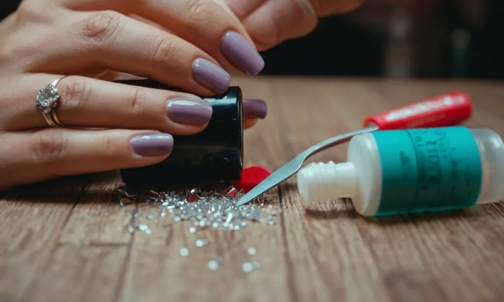 A close-up photo showcasing a hand gently peeling off a lifted dip nail, while a bottle of nail glue and a file lie nearby, depicting a DIY solution for fixing lifting dip nails at home.