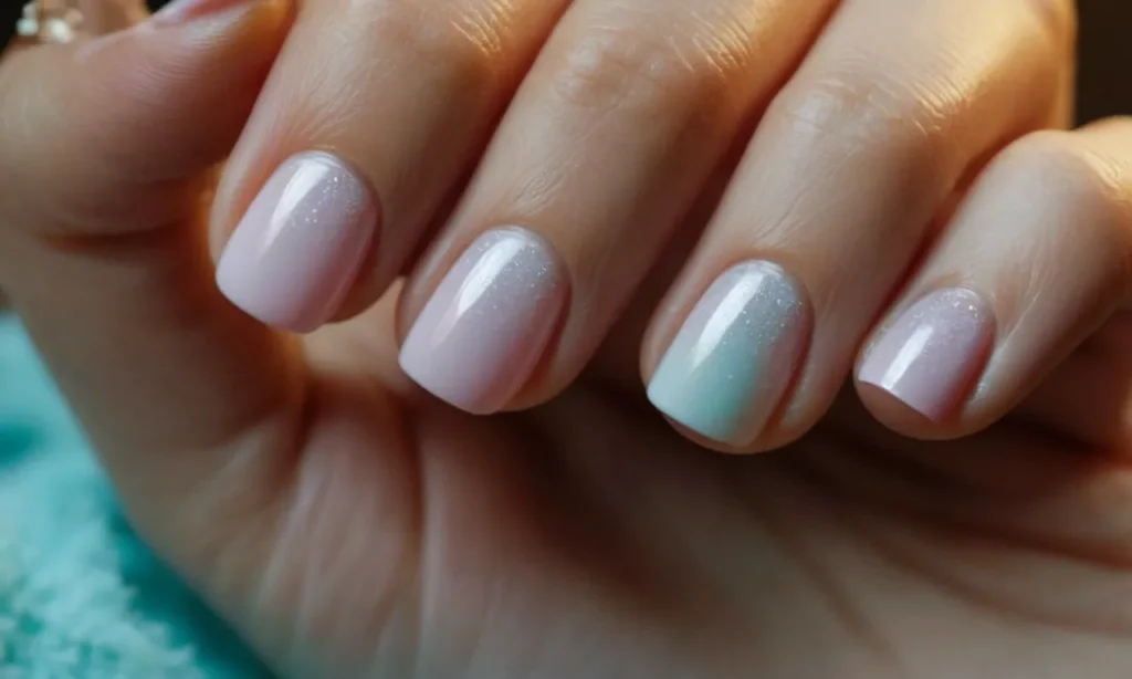 a hand gently holding a cotton ball soaked in warm, soapy water, as the gel nail polish gradually starts to lift off the nails, showcasing a gentle and acetone-free removal method.