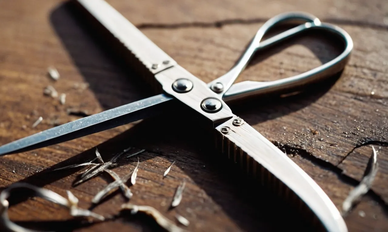 A close-up photo captures a pair of scissors covered in dried nail glue, showcasing the frustration of removing it while highlighting the precision and sharpness of the tool.