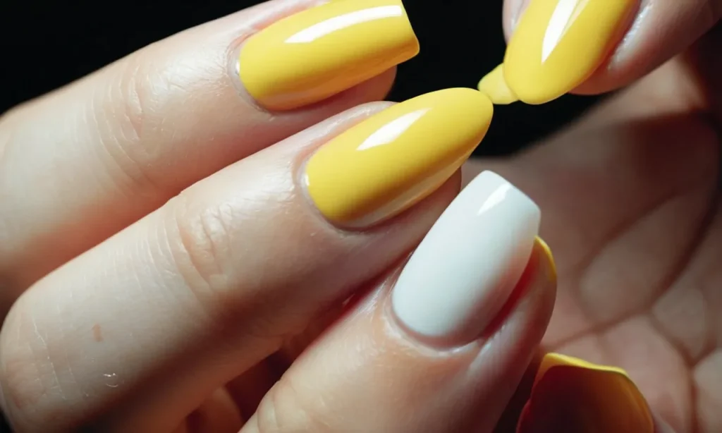 A close-up shot capturing a hand holding a cotton ball soaked in nail polish remover, gently wiping away the yellow tint from acrylic nails, revealing their natural shine.