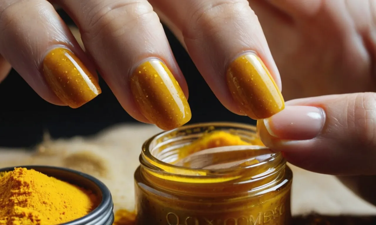 A close-up photo capturing a hand gently scrubbing turmeric-stained nails with a homemade paste, showcasing the process of removing the stubborn stain effectively.
