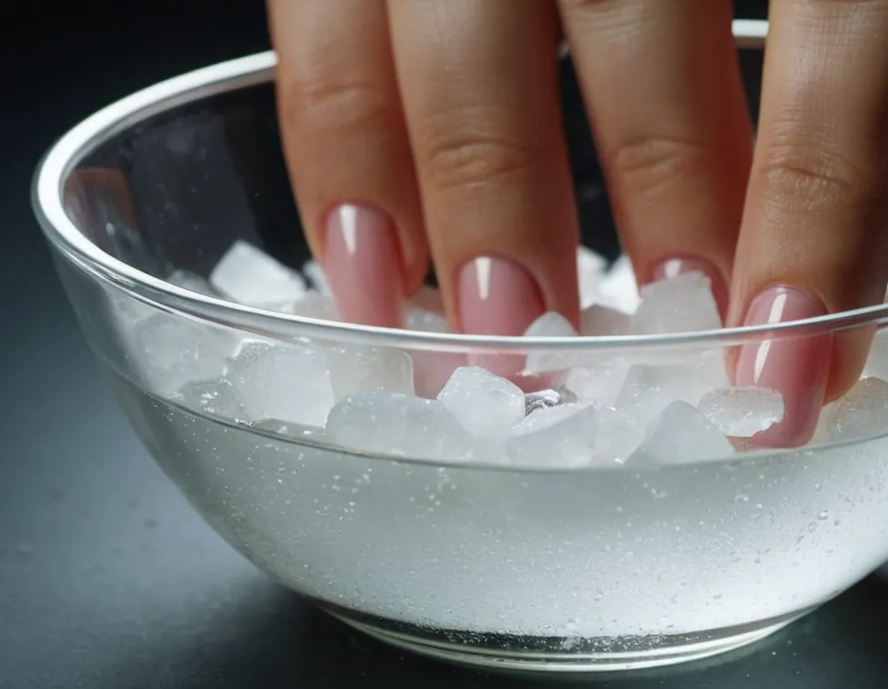 A close-up shot of a hand holding a glass bowl filled with warm water and salt, showcasing the process of soaking nails to promote faster growth.