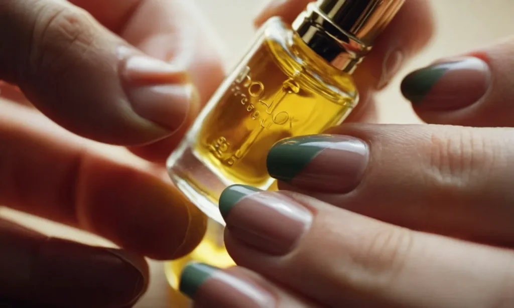 Close-up shot of a pair of hands gently applying a nourishing cuticle oil before bed, capturing the soft glow of the oil and the healing touch on the cuticles.