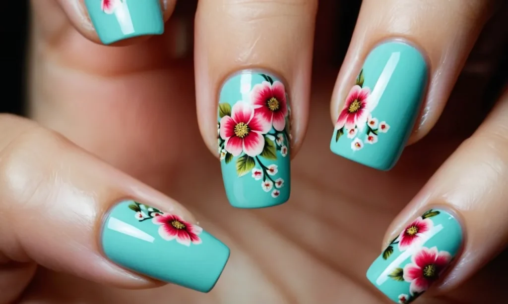 A close-up photograph showcasing beautifully manicured hands adorned with intricate floral nail art, displaying the skillful technique of painting delicate flowers onto each nail.