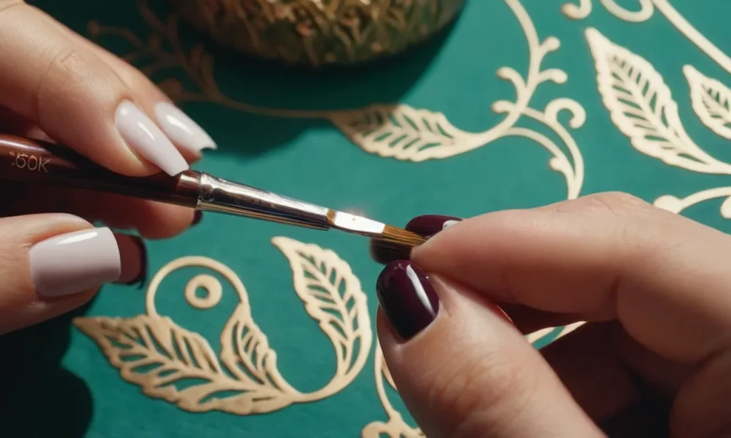 A close-up shot capturing a person's hand delicately holding a paintbrush, skillfully applying intricate designs onto a small acrylic nail tip, showcasing the process of practicing nail art without the use of a fake hand.
