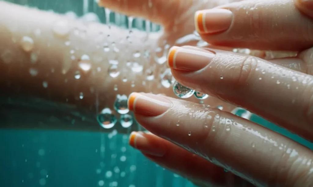 A close-up photo capturing a pair of hands wearing waterproof gloves, delicately shielding perfectly manicured nails from the cascading water droplets of a rejuvenating shower.