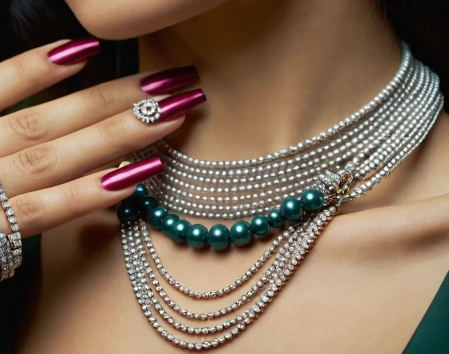 A close-up photo showcasing a set of beautifully manicured long nails gently clasping a delicate chain necklace, demonstrating the graceful art of putting on jewelry.
