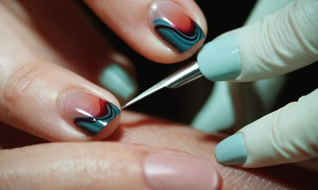 A close-up photo capturing a pair of hands gently peeling off an aprés nail, revealing the natural nail underneath, showcasing the process of removing aprés nails with care and precision.