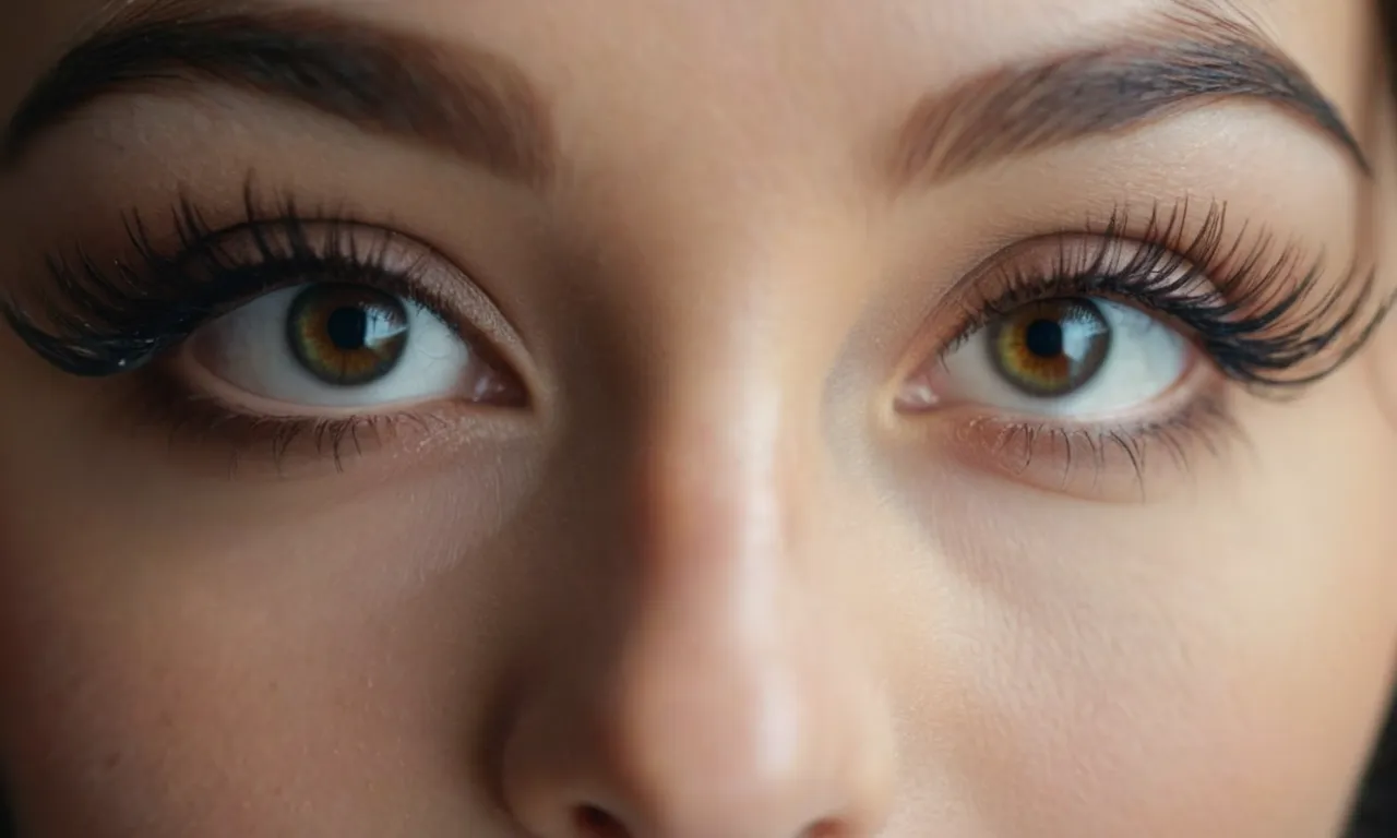 A close-up photo capturing a pair of delicate eyelashes, free from any nail glue residue, displaying their natural beauty and enhancing the eyes.