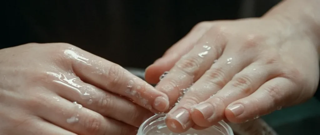 A close-up photo capturing a pair of hands diligently scrubbing away nicotine stains with soapy water, showcasing the process of removing the stains from the skin.