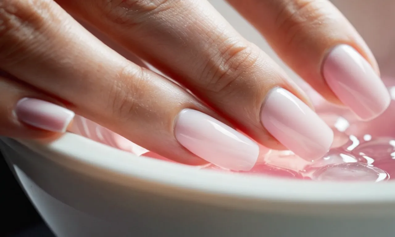 A close-up image capturing a set of pink and white gel nails being gently soaked in a bowl of acetone solution, showcasing the process of removing gel nails at home.