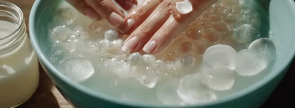 A close-up photo capturing a pair of hands gently soaking in a bowl of warm soapy water, as the person delicately tries to remove super glue from their nails without using acetone.