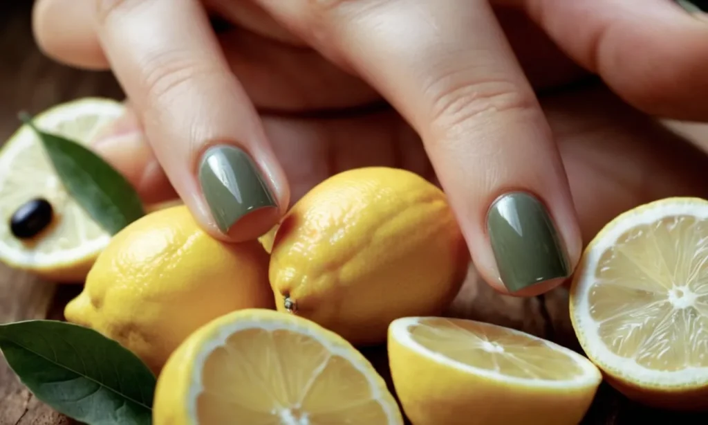 Close-up shot of a pair of hands, showcasing damaged nails that are being gently treated with natural remedies, surrounded by ingredients like lemon, olive oil, and vitamin E capsules.