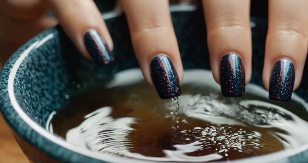 A close-up shot capturing a pair of hands gently soaking off acrylic nails in a bowl of warm water, showcasing a non-acetone alternative method for nail removal.