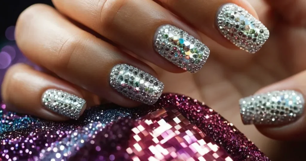 Close-up shot of a manicured hand adorned with sparkling rhinestones delicately arranged on each nail, reflecting light and adding a touch of glamour to the fingertips.