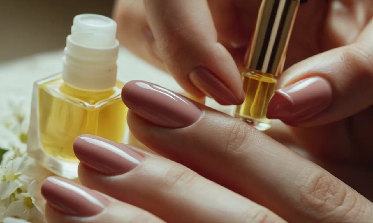A close-up photo capturing a pair of gentle hands delicately applying a soothing cuticle oil to ease discomfort caused by press-on nails.