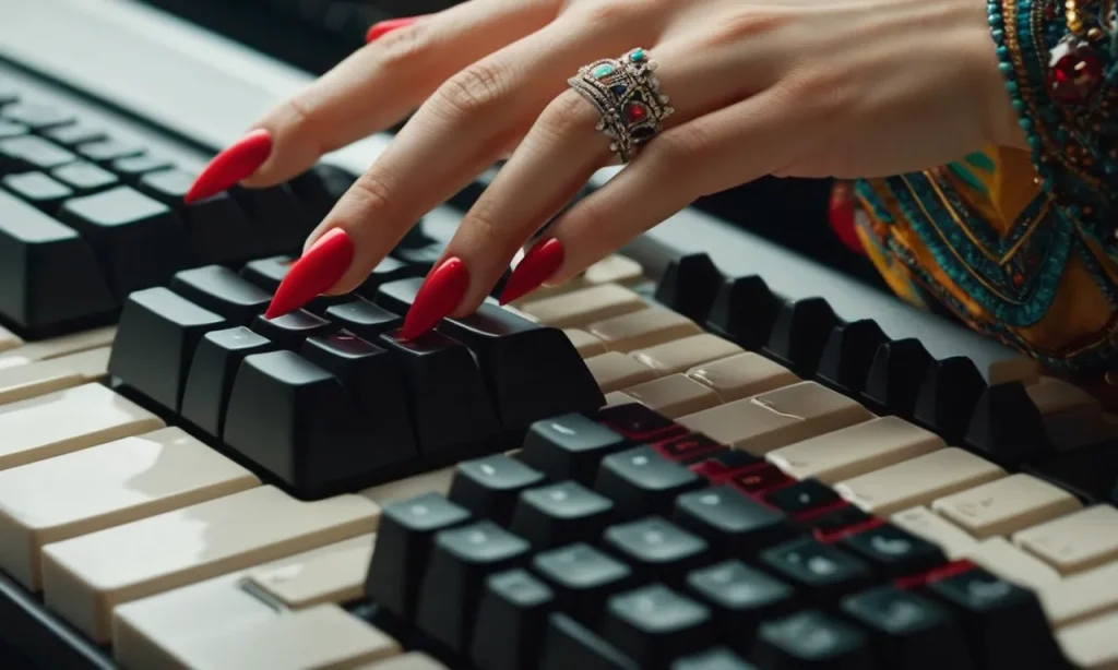 A close-up photo capturing slender fingers adorned with vibrant, intricately designed long nails, gracefully maneuvering across a keyboard with precision and elegance.