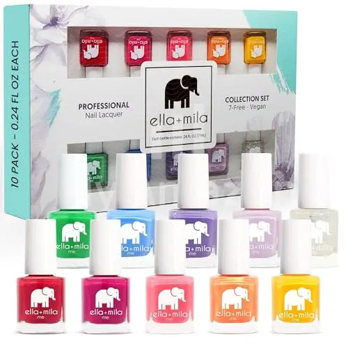 Ella + Mila Professional Nail Polish Set with 10 vibrant colors in a white box.