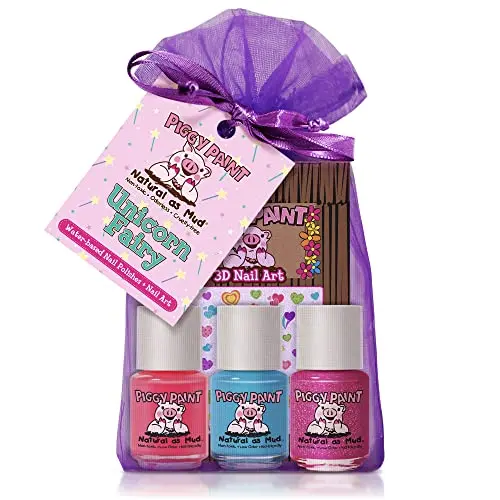 Piggy Paint Unicorn Fairy nail polish gift set with three colors and heart nail art stickers